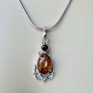VTG 925 Sterling‎ Silver Oval Honey Amber + Amethyst Pendant 17" Necklace 11.6g